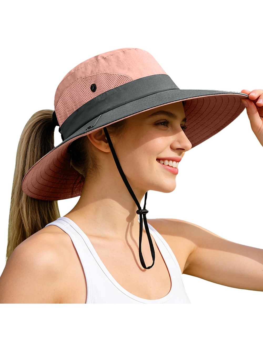 Women's Pink Wide Brim Foldable Ponytail Mesh Safari Chin Fishing Strap Hat